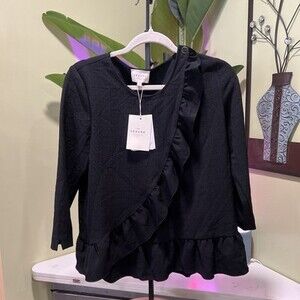 Sezane Jerry Noir Ruffle Blouse Womens Size 36 or 4 Black Designer Paris